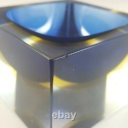 Murano Faceted Blue & Amber Sommerso Glass Block Bowl