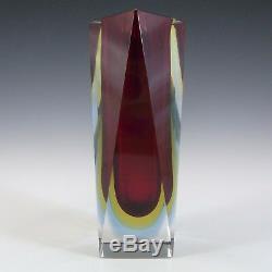 Murano Faceted Red, Blue & Amber Sommerso Glass Block Vase