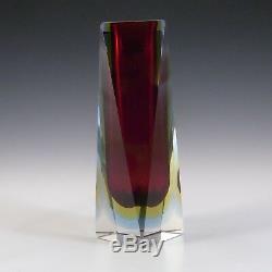 Murano Faceted Red, Blue & Amber Sommerso Glass Block Vase