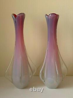 Murano Fratelli Toso Vintage Pair of Hand Blown Pink Opalescent Glass Vases