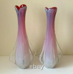 Murano Fratelli Toso Vintage Pair of Hand Blown Pink Opalescent Glass Vases