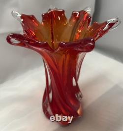 Murano Glass 7 Trumpet Vase Orange Red Hand-Blown Signed Venezia 2004