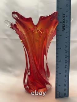 Murano Glass 7 Trumpet Vase Orange Red Hand-Blown Signed Venezia 2004