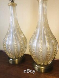 Murano Glass Barovier & Toso Lamps (Pair) Ribbed W Gold Aventurine & Bubbles WOW