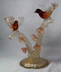 Murano Glass Birds on Gold Flecked Branches and Flowers Barbini