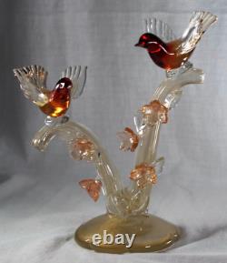 Murano Glass Birds on Gold Flecked Branches and Flowers Barbini