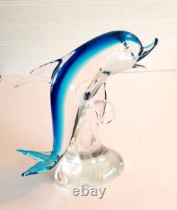 Murano Glass Dolphin Sculpture On The Wave Hand Blown Art Glass Blue 10 Italy