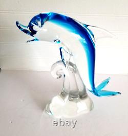 Murano Glass Dolphin Sculpture On The Wave Hand Blown Art Glass Blue 10 Italy