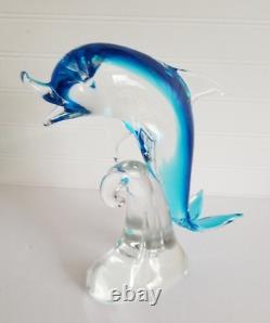 Murano Glass Dolphin Sculpture On The Wave Hand Blown Art Glass Blue 10 Italy