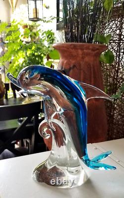 Murano Glass Dolphin Sculpture On The Wave Hand Blown Art Glass Blue 10 Italy