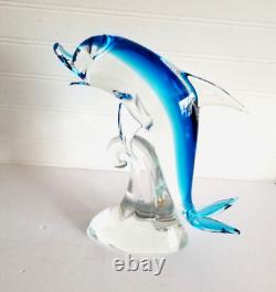 Murano Glass Dolphin Sculpture On The Wave Hand Blown Art Glass Blue 10 Italy