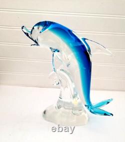 Murano Glass Dolphin Sculpture On The Wave Hand Blown Art Glass Blue 10 Italy