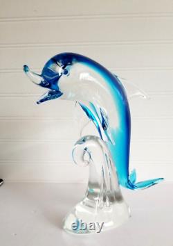 Murano Glass Dolphin Sculpture On The Wave Hand Blown Art Glass Blue 10 Italy