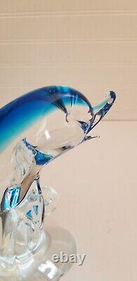 Murano Glass Dolphin Sculpture On The Wave Hand Blown Art Glass Blue 10 Italy