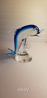 Murano Glass Dolphin Sculpture On The Wave Hand Blown Art Glass Blue 10 Italy