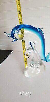 Murano Glass Dolphin Sculpture On The Wave Hand Blown Art Glass Blue 10 Italy