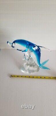 Murano Glass Dolphin Sculpture On The Wave Hand Blown Art Glass Blue 10 Italy