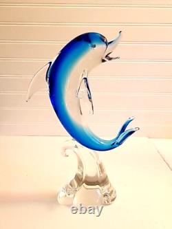 Murano Glass Dolphin Sculpture Wave Hand Blown Art Glass Blue 14 Italy