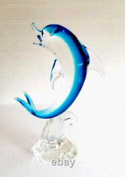 Murano Glass Dolphin Sculpture Wave Hand Blown Art Glass Blue 14 Italy