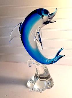 Murano Glass Dolphin Sculpture Wave Hand Blown Art Glass Blue 14 Italy