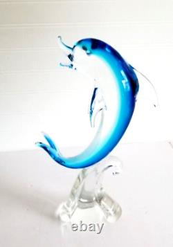 Murano Glass Dolphin Sculpture Wave Hand Blown Art Glass Blue 14 Italy