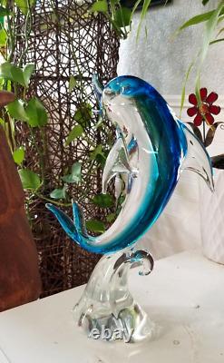 Murano Glass Dolphin Sculpture Wave Hand Blown Art Glass Blue 14 Italy