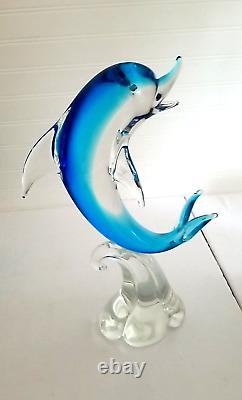 Murano Glass Dolphin Sculpture Wave Hand Blown Art Glass Blue 14 Italy