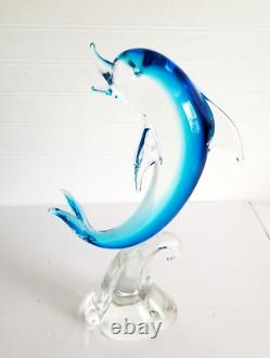 Murano Glass Dolphin Sculpture Wave Hand Blown Art Glass Blue 14 Italy