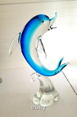 Murano Glass Dolphin Sculpture Wave Hand Blown Art Glass Blue 14 Italy