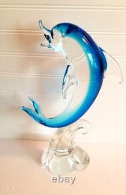 Murano Glass Dolphin Sculpture Wave Hand Blown Art Glass Blue 14 Italy