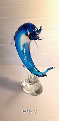 Murano Glass Dolphin Sculpture Wave Hand Blown Art Glass Blue 14 Italy