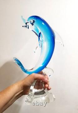 Murano Glass Dolphin Sculpture Wave Hand Blown Art Glass Blue 14 Italy