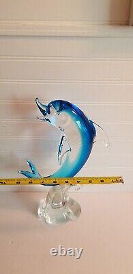 Murano Glass Dolphin Sculpture Wave Hand Blown Art Glass Blue 14 Italy