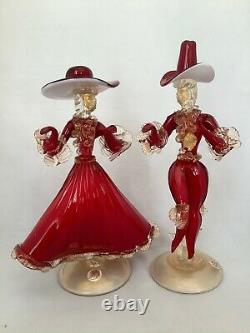 Murano Glass Figurines Dark Ruby Red Gold Fleck 2 Dancers Pair Hand Blown L3