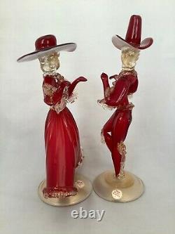 Murano Glass Figurines Dark Ruby Red Gold Fleck 2 Dancers Pair Hand Blown L3