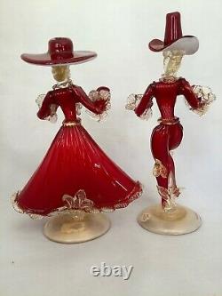 Murano Glass Figurines Dark Ruby Red Gold Fleck 2 Dancers Pair Hand Blown L3