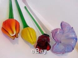 Murano Glass Flowers Hand Blown Long Stem Art Variety Lot Of 4 Colorful Vintage