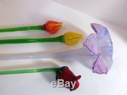 Murano Glass Flowers Hand Blown Long Stem Art Variety Lot Of 4 Colorful Vintage