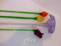 Murano Glass Flowers Hand Blown Long Stem Art Variety Lot Of 4 Colorful Vintage