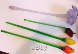 Murano Glass Flowers Hand Blown Long Stem Art Variety Lot Of 4 Colorful Vintage