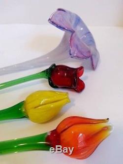 Murano Glass Flowers Hand Blown Long Stem Art Variety Lot Of 4 Colorful Vintage