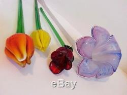 Murano Glass Flowers Hand Blown Long Stem Art Variety Lot Of 4 Colorful Vintage