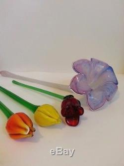 Murano Glass Flowers Hand Blown Long Stem Art Variety Lot Of 4 Colorful Vintage