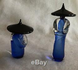 Murano Glass Formaio Italy, Set of 2 Asian Figurines Cobalt Blue Black Hat EUC