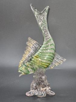 Murano Glass Hand Blown Green Fish Silver & Gold Aventurine 10.75