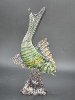 Murano Glass Hand Blown Green Fish Silver & Gold Aventurine 10.75