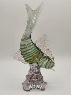 Murano Glass Hand Blown Green Fish Silver & Gold Aventurine 10.75