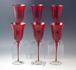 Murano Glass Italy Ruby Red Set Of 6 Goblets -sommerso Stem -venetian Glass