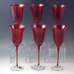 Murano Glass Italy Ruby Red Set Of 6 Goblets -sommerso Stem -venetian Glass