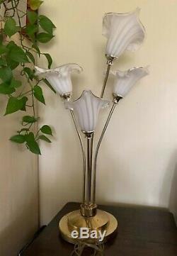 Murano Glass Mid Century Modern Calla Lily clear & white 3 way Table lamp MCM